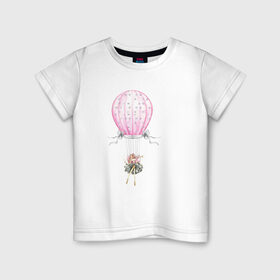 Детская футболка хлопок с принтом Девочка на воздушном шаре в Санкт-Петербурге, 100% хлопок | круглый вырез горловины, полуприлегающий силуэт, длина до линии бедер | Тематика изображения на принте: 8 марта | dreams | всемирный женский день | цветы