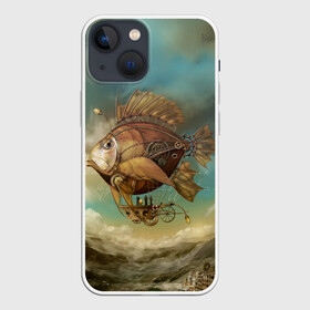 Чехол для iPhone 13 mini с принтом Рыба дирижабль в Санкт-Петербурге,  |  | steampunk | биомеханика | воздушный шар | горы | дережабль | дирижабль | карась | коричневый | летательный  аппарат | медь | механика | парусник | пиранья | рыба | рыбка | сепия | стим | стимпанк