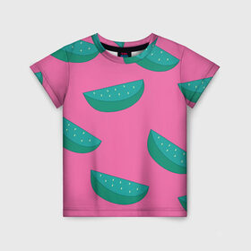 Детская футболка 3D с принтом Арбузы на розовом в Санкт-Петербурге, 100% гипоаллергенный полиэфир | прямой крой, круглый вырез горловины, длина до линии бедер, чуть спущенное плечо, ткань немного тянется | Тематика изображения на принте: арбуз | зеленый | летний | паттерн | подарок | простой | розовыйй | тропический | узор | фрукт