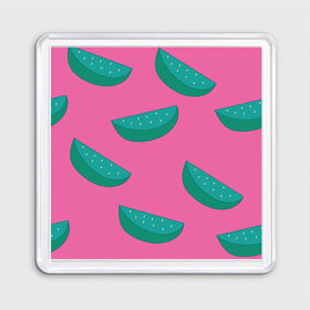 Магнит 55*55 с принтом Арбузы на розовом в Санкт-Петербурге, Пластик | Размер: 65*65 мм; Размер печати: 55*55 мм | Тематика изображения на принте: арбуз | зеленый | летний | паттерн | подарок | простой | розовыйй | тропический | узор | фрукт