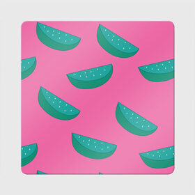 Магнит виниловый Квадрат с принтом Арбузы на розовом в Санкт-Петербурге, полимерный материал с магнитным слоем | размер 9*9 см, закругленные углы | арбуз | зеленый | летний | паттерн | подарок | простой | розовыйй | тропический | узор | фрукт
