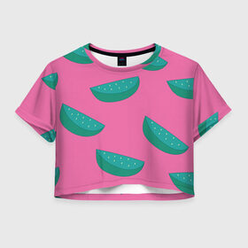 Женская футболка Crop-top 3D с принтом Арбузы на розовом в Санкт-Петербурге, 100% полиэстер | круглая горловина, длина футболки до линии талии, рукава с отворотами | Тематика изображения на принте: арбуз | зеленый | летний | паттерн | подарок | простой | розовыйй | тропический | узор | фрукт