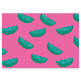 Поздравительная открытка с принтом Арбузы на розовом в Санкт-Петербурге, 100% бумага | плотность бумаги 280 г/м2, матовая, на обратной стороне линовка и место для марки
 | Тематика изображения на принте: арбуз | зеленый | летний | паттерн | подарок | простой | розовыйй | тропический | узор | фрукт