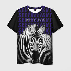 Мужская футболка 3D с принтом See the light в Санкт-Петербурге, 100% полиэфир | прямой крой, круглый вырез горловины, длина до линии бедер | Тематика изображения на принте: light | see the light | zebra | белый | животные | зебра | свет | черный
