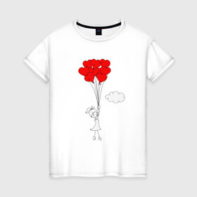 Женская футболка хлопок с принтом На крыльях любви в Санкт-Петербурге, 100% хлопок | прямой крой, круглый вырез горловины, длина до линии бедер, слегка спущенное плечо | люблю | парные | сердце | шары воздушные