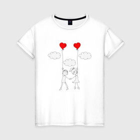 Женская футболка хлопок с принтом Полет любви в Санкт-Петербурге, 100% хлопок | прямой крой, круглый вырез горловины, длина до линии бедер, слегка спущенное плечо | люблю | парные | сердце | шары воздушные