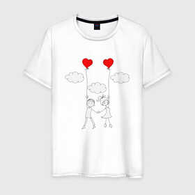 Мужская футболка хлопок с принтом Полет любви в Санкт-Петербурге, 100% хлопок | прямой крой, круглый вырез горловины, длина до линии бедер, слегка спущенное плечо. | люблю | парные | сердце | шары воздушные