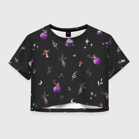 Женская футболка Crop-top 3D с принтом Magic pattern в Санкт-Петербурге, 100% полиэстер | круглая горловина, длина футболки до линии талии, рукава с отворотами | Тематика изображения на принте: bottle | mandrake | mushroom | pot | волшебство | зелье | паттерн