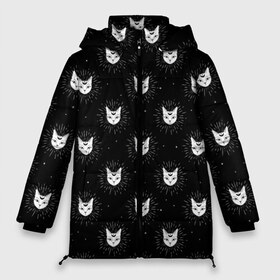 Женская зимняя куртка 3D с принтом Светящиеся мордочки котов в Санкт-Петербурге, верх — 100% полиэстер; подкладка — 100% полиэстер; утеплитель — 100% полиэстер | длина ниже бедра, силуэт Оверсайз. Есть воротник-стойка, отстегивающийся капюшон и ветрозащитная планка. 

Боковые карманы с листочкой на кнопках и внутренний карман на молнии | tegunvteg | звезды | кот | кошка | луна | ночь | светящийся