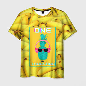 Мужская футболка 3D с принтом Крутой ананас в Санкт-Петербурге, 100% полиэфир | прямой крой, круглый вырез горловины, длина до линии бедер | 3d | tegunvteg | ананас | бананы | бирюзовый | единственный | желтый | надпись | наушники | один | один на тысячу | одна на тысячу | очки | полная запечатка | розовый | самовыражение