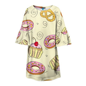 Детское платье 3D с принтом Узор Сладости в Санкт-Петербурге, 100% полиэстер | прямой силуэт, чуть расширенный к низу. Круглая горловина, на рукавах — воланы | детский | диета | желтый | капкейк | крендель | нарисованный | паттерн | пирожок | пончик | розовый | сладости | узор