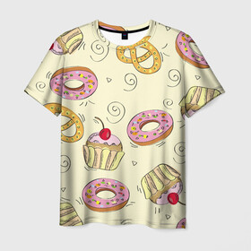 Мужская футболка 3D с принтом Узор Сладости в Санкт-Петербурге, 100% полиэфир | прямой крой, круглый вырез горловины, длина до линии бедер | Тематика изображения на принте: детский | диета | желтый | капкейк | крендель | нарисованный | паттерн | пирожок | пончик | розовый | сладости | узор