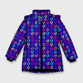 Зимняя куртка для девочек 3D с принтом Символы Гендера в Санкт-Петербурге, ткань верха — 100% полиэстер; подклад — 100% полиэстер, утеплитель — 100% полиэстер. | длина ниже бедра, удлиненная спинка, воротник стойка и отстегивающийся капюшон. Есть боковые карманы с листочкой на кнопках, утяжки по низу изделия и внутренний карман на молнии. 

Предусмотрены светоотражающий принт на спинке, радужный светоотражающий элемент на пуллере молнии и на резинке для утяжки. | Тематика изображения на принте: 