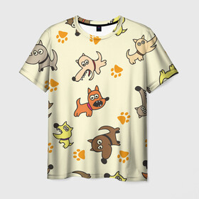 Мужская футболка 3D с принтом Собачки в Санкт-Петербурге, 100% полиэфир | прямой крой, круглый вырез горловины, длина до линии бедер | детский | желтый | забавный | злые | зоо | милый | нарисованный | пёсики | приют | следы | собаки | собачки | узор | щенки