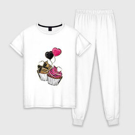 Женская пижама хлопок с принтом Кексики в Санкт-Петербурге, 100% хлопок | брюки и футболка прямого кроя, без карманов, на брюках мягкая резинка на поясе и по низу штанин | сладости | шары