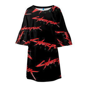 Детское платье 3D с принтом Cyberpunk 2077 red в Санкт-Петербурге, 100% полиэстер | прямой силуэт, чуть расширенный к низу. Круглая горловина, на рукавах — воланы | Тематика изображения на принте: 2077 | cyber punk 2077 | cyberpunk | cyberpunk2077art | red | samurai | киберпанк | красный 2077