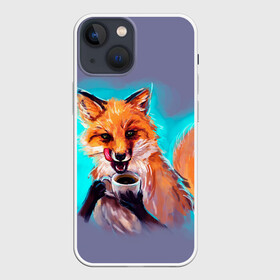 Чехол для iPhone 13 mini с принтом Лиса с кофе в Санкт-Петербурге,  |  | fox | foxy | животное | звери | лиса | лисенок | лисичка | милая | рыжая | фокс