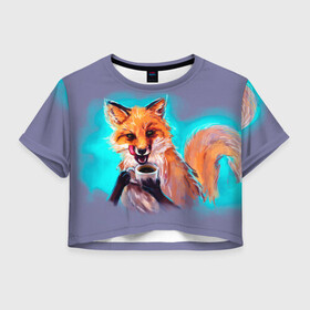 Женская футболка Crop-top 3D с принтом Лиса с кофе в Санкт-Петербурге, 100% полиэстер | круглая горловина, длина футболки до линии талии, рукава с отворотами | fox | foxy | животное | звери | лиса | лисенок | лисичка | милая | рыжая | фокс