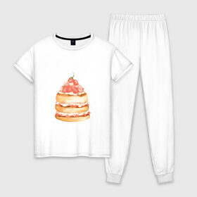 Женская пижама хлопок с принтом Панкейки в Санкт-Петербурге, 100% хлопок | брюки и футболка прямого кроя, без карманов, на брюках мягкая резинка на поясе и по низу штанин | клубничка | сладости | тортик