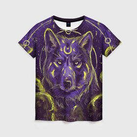 Женская футболка 3D с принтом Волшебный Волк в Санкт-Петербурге, 100% полиэфир ( синтетическое хлопкоподобное полотно) | прямой крой, круглый вырез горловины, длина до линии бедер | animals | wolf | волк | волки | животные | звери | зверь | магия | одиночество | одиночка | пёс | собака
