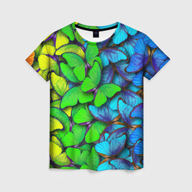Женская футболка 3D с принтом Радужные бабочки в Санкт-Петербурге, 100% полиэфир ( синтетическое хлопкоподобное полотно) | прямой крой, круглый вырез горловины, длина до линии бедер | абстракция | бабочки | градиент | неон | природа | радуга | узор | фон | яркий узор