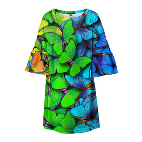 Детское платье 3D с принтом Радужные бабочки в Санкт-Петербурге, 100% полиэстер | прямой силуэт, чуть расширенный к низу. Круглая горловина, на рукавах — воланы | Тематика изображения на принте: абстракция | бабочки | градиент | неон | природа | радуга | узор | фон | яркий узор