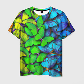 Мужская футболка 3D с принтом Радужные бабочки в Санкт-Петербурге, 100% полиэфир | прямой крой, круглый вырез горловины, длина до линии бедер | Тематика изображения на принте: абстракция | бабочки | градиент | неон | природа | радуга | узор | фон | яркий узор