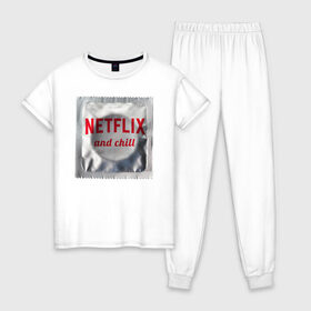 Женская пижама хлопок с принтом Netflix and chill в Санкт-Петербурге, 100% хлопок | брюки и футболка прямого кроя, без карманов, на брюках мягкая резинка на поясе и по низу штанин | любовь | туфли