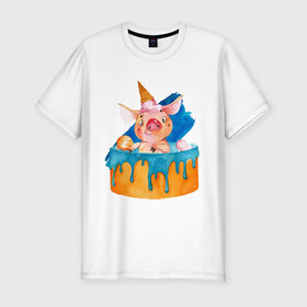 Мужская футболка хлопок Slim с принтом Свинка в Санкт-Петербурге, 92% хлопок, 8% лайкра | приталенный силуэт, круглый вырез ворота, длина до линии бедра, короткий рукав | свинья | тортик | хрюшка