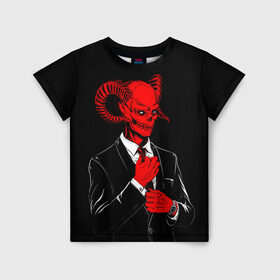 Детская футболка 3D с принтом Дьявол в Санкт-Петербурге, 100% гипоаллергенный полиэфир | прямой крой, круглый вырез горловины, длина до линии бедер, чуть спущенное плечо, ткань немного тянется | Тематика изображения на принте: dark | дьявол | пафос | рога | череп | черт