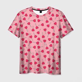 Мужская футболка 3D с принтом Сердечки на палочках в Санкт-Петербурге, 100% полиэфир | прямой крой, круглый вырез горловины, длина до линии бедер | 8 марта | love | девочки | женская | леденцы | любовь | подружке | сердечки | сосачки | чупа чупс