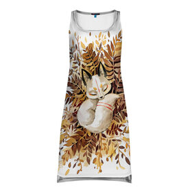 Платье-майка 3D с принтом Лисичка спит в листьях в Санкт-Петербурге, 100% полиэстер | полуприлегающий силуэт, широкие бретели, круглый вырез горловины, удлиненный подол сзади. | fox | лиса | лиса и лес | лисенок | лисица | лисичка | лисы | с лисичкой | с лисой