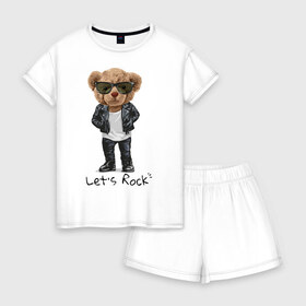 Женская пижама с шортиками хлопок с принтом Мишка рокер в Санкт-Петербурге, 100% хлопок | футболка прямого кроя, шорты свободные с широкой мягкой резинкой | lets | rock | джинсы | куртка | мишка | очки | плюшевый | рок | фраза