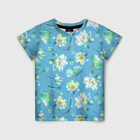 Детская футболка 3D с принтом Цветущие небесные кувшинки в Санкт-Петербурге, 100% гипоаллергенный полиэфир | прямой крой, круглый вырез горловины, длина до линии бедер, чуть спущенное плечо, ткань немного тянется | кувшинки | лето | цветы