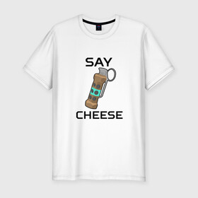 Мужская футболка хлопок Slim с принтом Say Cheese в Санкт-Петербурге, 92% хлопок, 8% лайкра | приталенный силуэт, круглый вырез ворота, длина до линии бедра, короткий рукав | awp | breeki | cheeki | counter | cs | easy | everyday | ez | gg | go | just | katka | kill | knife | lemon | luck | mid | no | one | plant | pz | rush | shot | skill | smoke | squeeze | strike | wp | вп | гг | изи | катка | контра