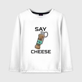 Детский лонгслив хлопок с принтом Say Cheese в Санкт-Петербурге, 100% хлопок | круглый вырез горловины, полуприлегающий силуэт, длина до линии бедер | Тематика изображения на принте: awp | breeki | cheeki | counter | cs | easy | everyday | ez | gg | go | just | katka | kill | knife | lemon | luck | mid | no | one | plant | pz | rush | shot | skill | smoke | squeeze | strike | wp | вп | гг | изи | катка | контра