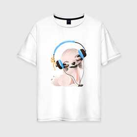 Женская футболка хлопок Oversize с принтом Собачка в наушниках в Санкт-Петербурге, 100% хлопок | свободный крой, круглый ворот, спущенный рукав, длина до линии бедер
 | животные | маленкое зло | наушники | шпиц
