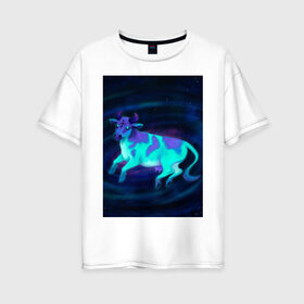 Женская футболка хлопок Oversize с принтом Космо-корова в Санкт-Петербурге, 100% хлопок | свободный крой, круглый ворот, спущенный рукав, длина до линии бедер
 | галактика | инопланетянин | корова | космическая | космос