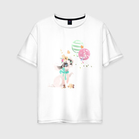 Женская футболка хлопок Oversize с принтом Собачка в Санкт-Петербурге, 100% хлопок | свободный крой, круглый ворот, спущенный рукав, длина до линии бедер
 | животные | маленкое зло | наушники | шпиц