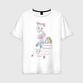 Женская футболка хлопок Oversize с принтом Девушка в Санкт-Петербурге, 100% хлопок | свободный крой, круглый ворот, спущенный рукав, длина до линии бедер
 | tegunvteg | дама с собачкой | животные | кошечка | кошка | силуэт