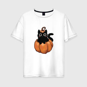 Женская футболка хлопок Oversize с принтом Кот в тыкве в Санкт-Петербурге, 100% хлопок | свободный крой, круглый ворот, спущенный рукав, длина до линии бедер
 | котик в тыкве | кошка | милый котенок | тыква | хеллоуин | черный кот
