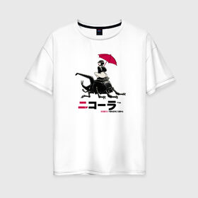 Женская футболка хлопок Oversize с принтом Cyberpunk 2077 Nicola drink в Санкт-Петербурге, 100% хлопок | свободный крой, круглый ворот, спущенный рукав, длина до линии бедер
 | bug | cyberpunk 2077 | drink | girl | japan | nicola