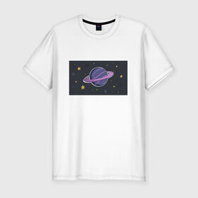 Мужская футболка хлопок Slim с принтом Рlanet в Санкт-Петербурге, 92% хлопок, 8% лайкра | приталенный силуэт, круглый вырез ворота, длина до линии бедра, короткий рукав | звезды | космос | мерцание | метеориты | сатурн