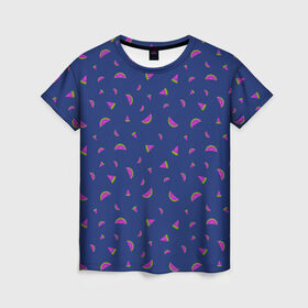 Женская футболка 3D с принтом WATERMELON fresh в Санкт-Петербурге, 100% полиэфир ( синтетическое хлопкоподобное полотно) | прямой крой, круглый вырез горловины, длина до линии бедер | berries | fresh | fruits | арбуз | летний | свежий | яркий