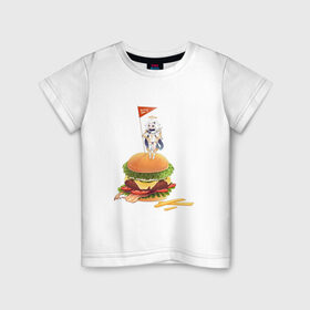 Детская футболка хлопок с принтом Завоевательница Паймон в Санкт-Петербурге, 100% хлопок | круглый вырез горловины, полуприлегающий силуэт, длина до линии бедер | арт | бургер | голодная паймон | жареная картошка | захват | захватчик | картошка фри | паймон | рисунок | флаг | флажок