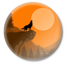 Значок с принтом Оранжевый закат в Санкт-Петербурге,  металл | круглая форма, металлическая застежка в виде булавки | animals | wolf | волк | волки | животные | звери | зверь | луна | одиночество | одиночка | пёс | собака
