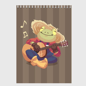 Скетчбук с принтом Лягушка-фермер с гитарой в Санкт-Петербурге, 100% бумага
 | 48 листов, плотность листов — 100 г/м2, плотность картонной обложки — 250 г/м2. Листы скреплены сверху удобной пружинной спиралью | farmer | frog | guitar | music | toad | гитара | гитарист | жаба | жабка | лягушка | милый | музыка | фермер