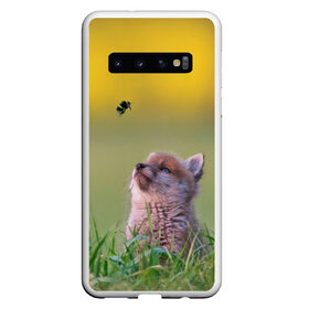 Чехол для Samsung Galaxy S10 с принтом Лисенок и пчелка в Санкт-Петербурге, Силикон | Область печати: задняя сторона чехла, без боковых панелей | Тематика изображения на принте: fox | foxy | животное | звери | лиса | лисенок | лисичка | милая | рыжая | фокс