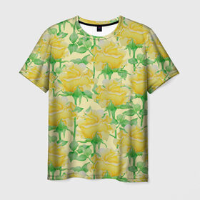 Мужская футболка 3D с принтом Желтые розы на желтом фоне в Санкт-Петербурге, 100% полиэфир | прямой крой, круглый вырез горловины, длина до линии бедер | 8 марта | flowers | summer | ботаническая иллюстрация | весна | желтый | зеленый | лето | листья | любовь | праздник | принт | природа | растения | розы | цветы