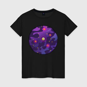 Женская футболка хлопок с принтом Мой космос! в Санкт-Петербурге, 100% хлопок | прямой крой, круглый вырез горловины, длина до линии бедер, слегка спущенное плечо | tgcarpg | звезды | кометы | космос | планеты | розовый | солнце | фиолетовый